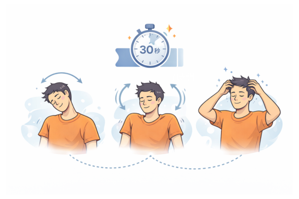 首や頭を動かす簡単なセルフケアを30秒で行う流れを示したイメージ