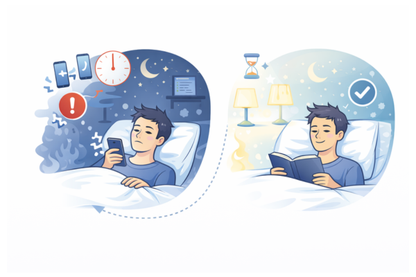 就寝前にスマホを見る場合とリラックスして過ごす場合で、睡眠の質に差が出ることを示した比較イメージ