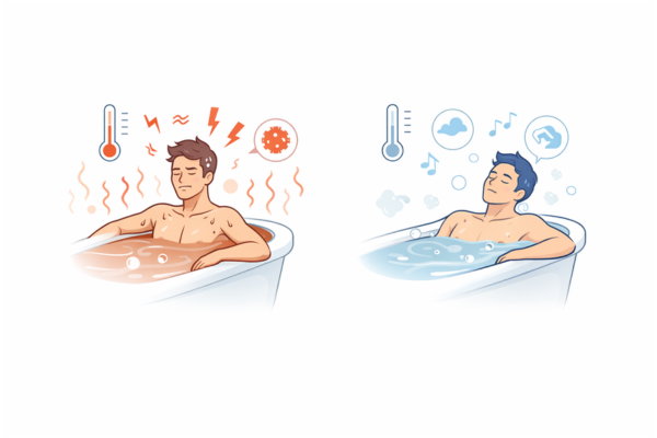 体調管理の観点から見た入浴温度による不快状態とリラックス状態の比較イメージ