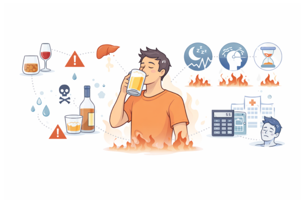 飲酒によって脱水や睡眠不足が起こり、体調やパフォーマンスが低下する流れを示したイメージ