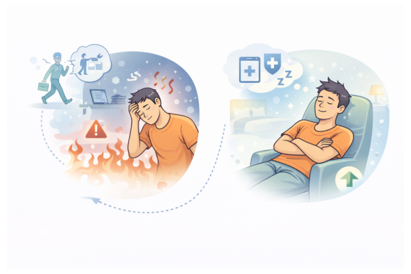 十分な休息が取れていない状態と、休息によって回復した状態を比較したイメージ